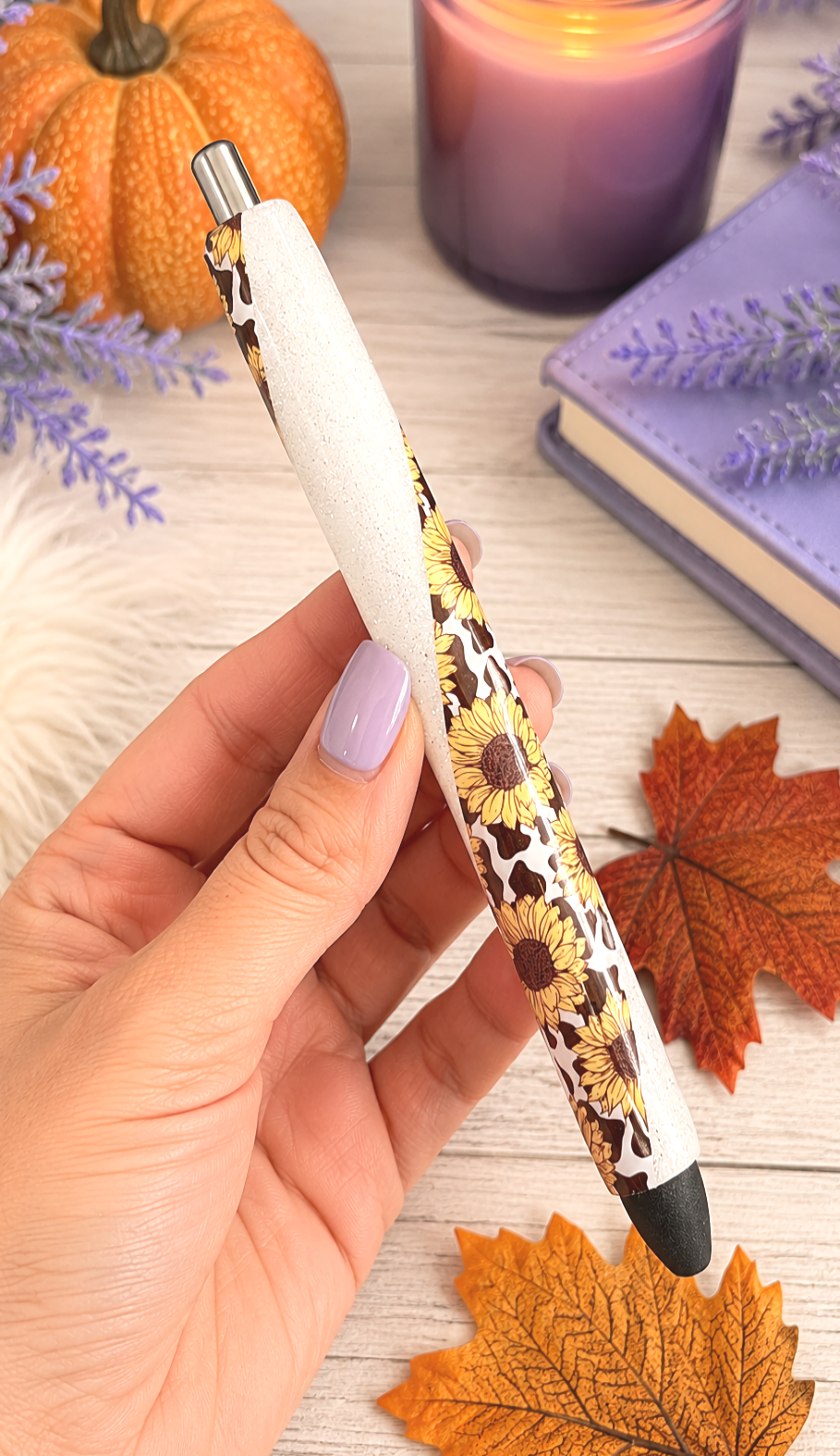 Handmade Sunflowers and Cow Print on white glitter pen with free refill