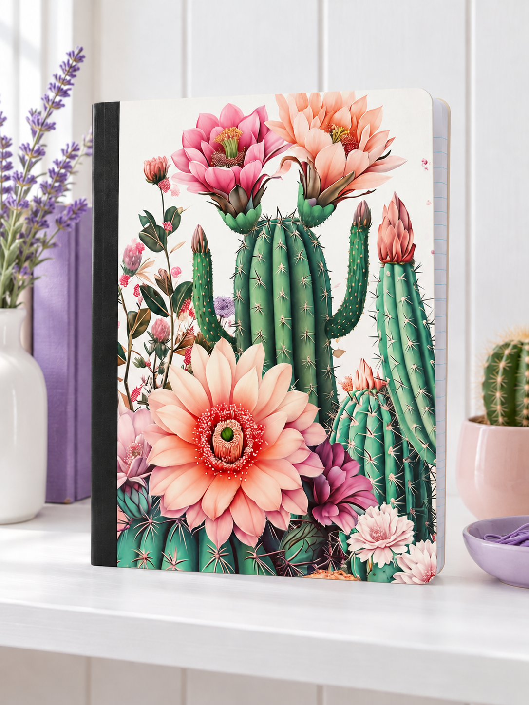 Decorative Vinyl Covered Composition Notebook  Blooming Cacti