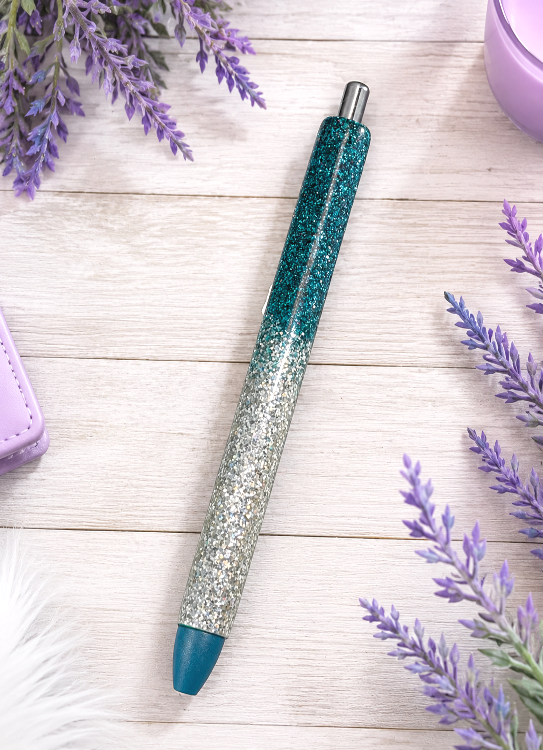 Handmade Dark Teal and Silver Ombre glitter pen with free refill
