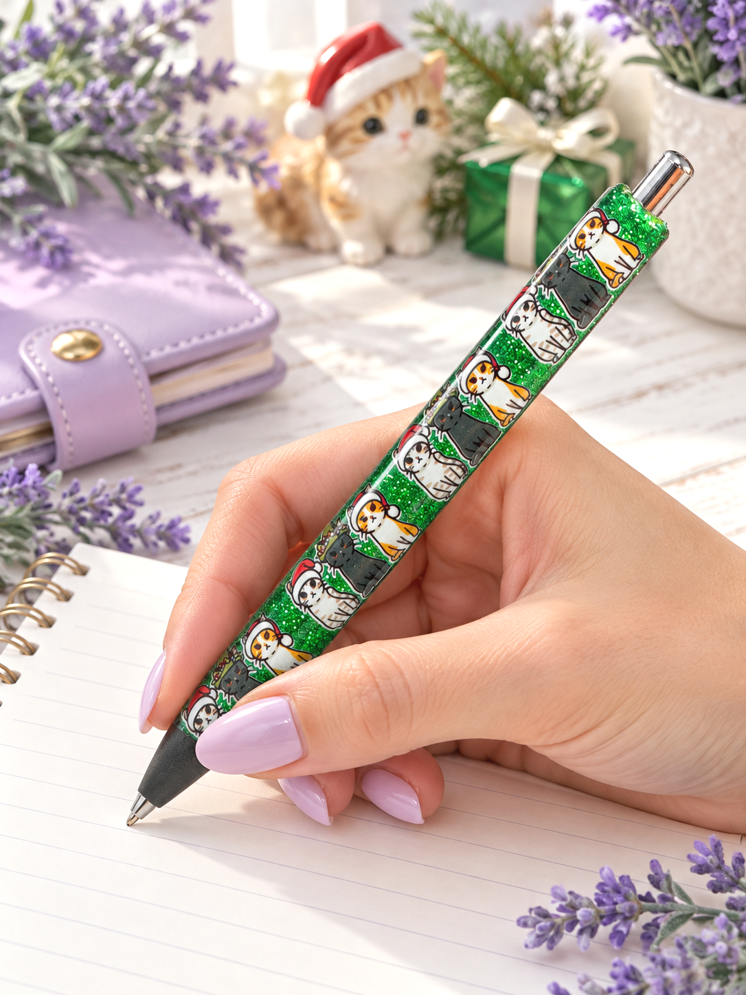Handmade Christmas Cats in Hats glitter pen with free refill