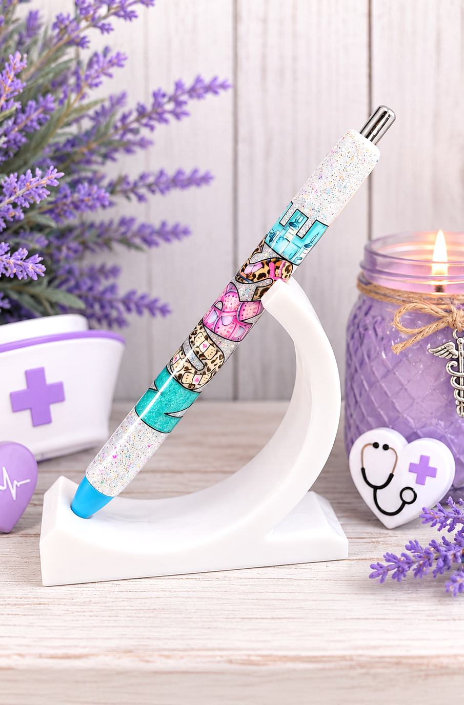 Handmade Nurse on opal white glitter pen with free refill