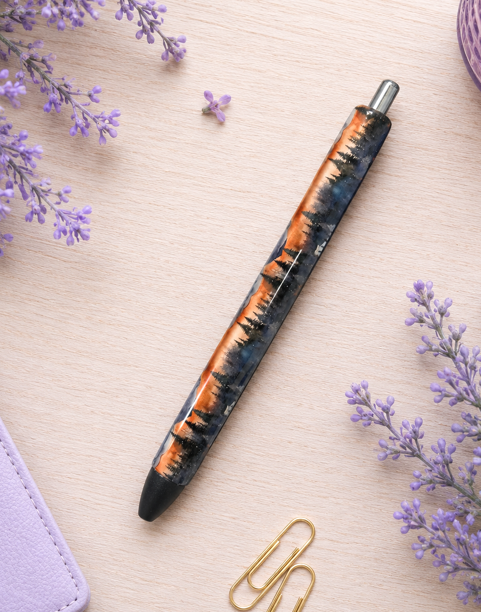 Handmade Twilight Mountain Scape on orange glitter pen with free refill