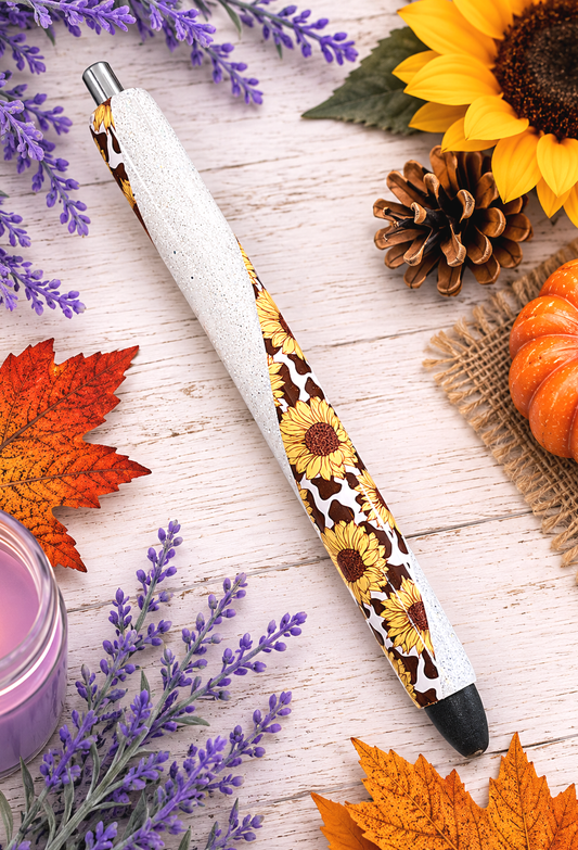Handmade Sunflowers and Cow Print on white glitter pen with free refill