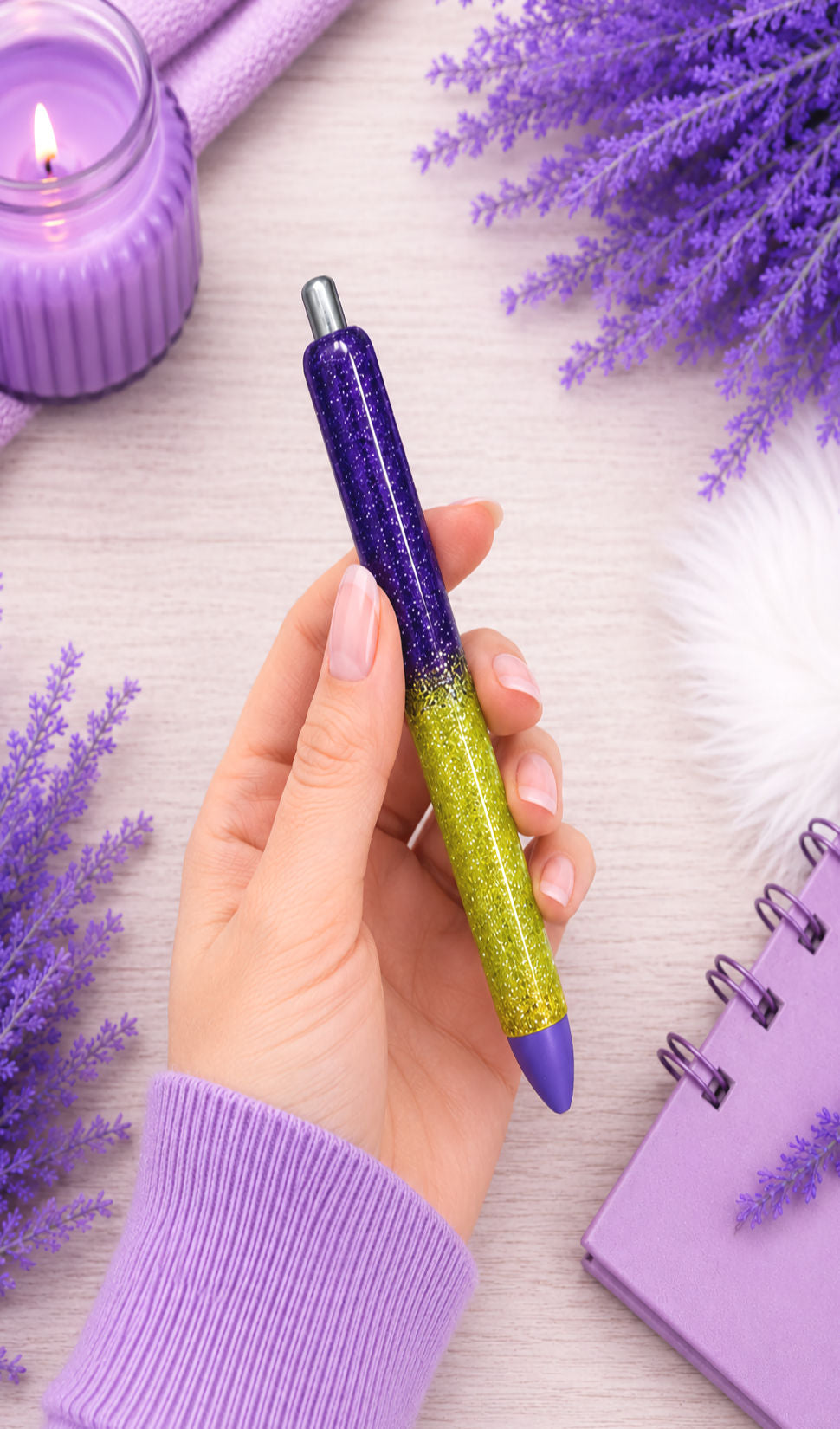 Handmade Purple and Yellow Gold ombre glitter pen with free refill