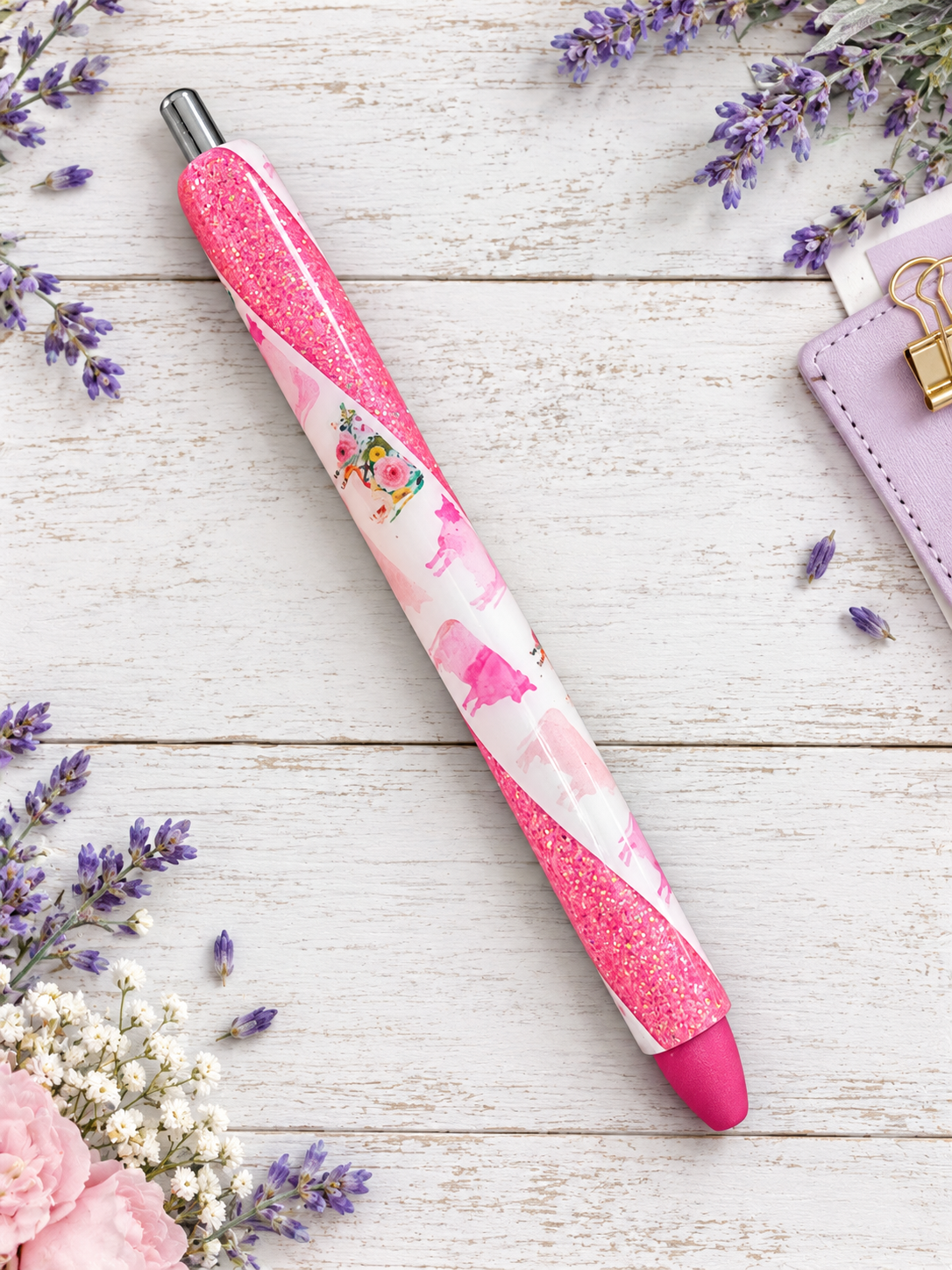 Handmade Pretty Pink Cows glitter pen with free refill 4