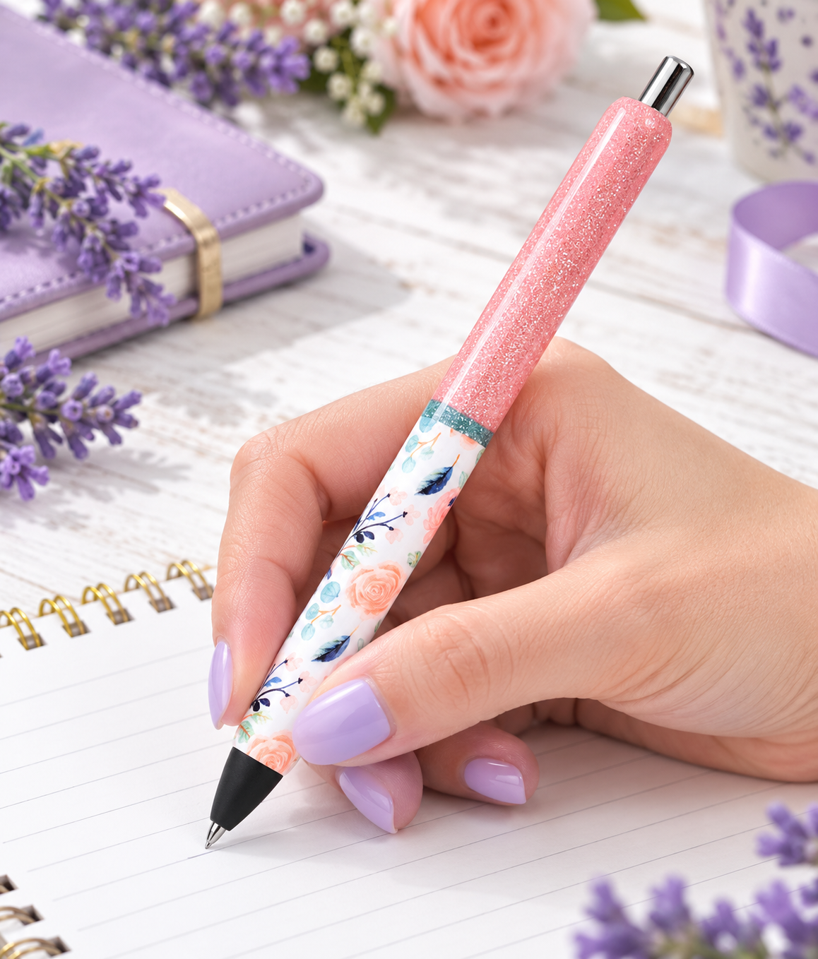 Handmade Coral Flowers glitter pen with free refill