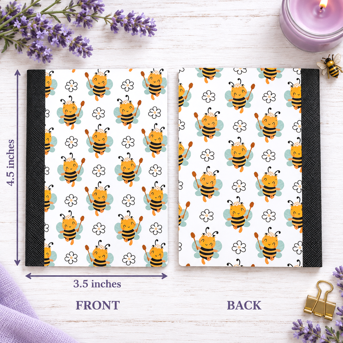 Decorative Vinyl Covered MINIATURE Composition Notebook Cute Bees