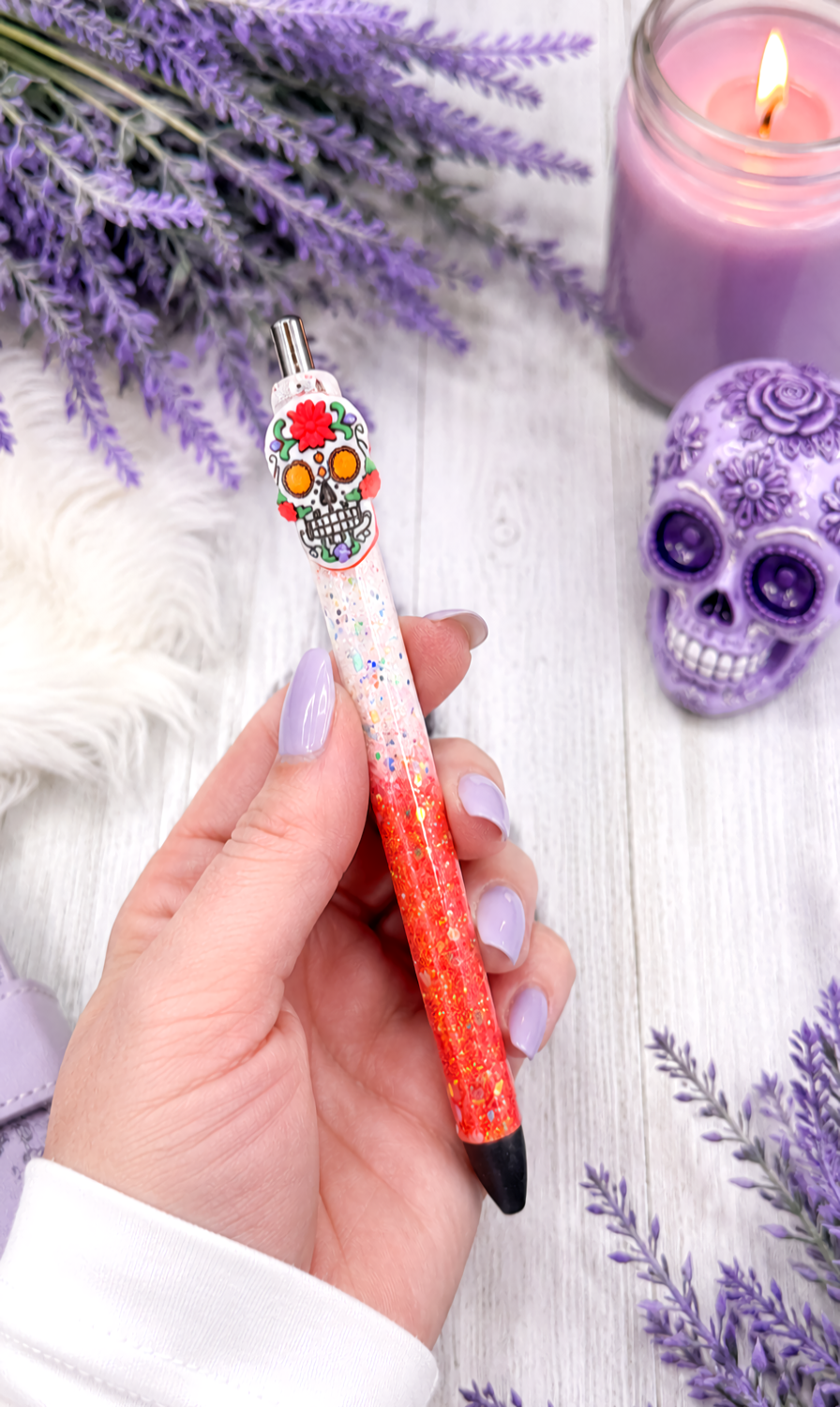 Handmade Halloween Sugar Skill on orange and white glitter pen  with free refill