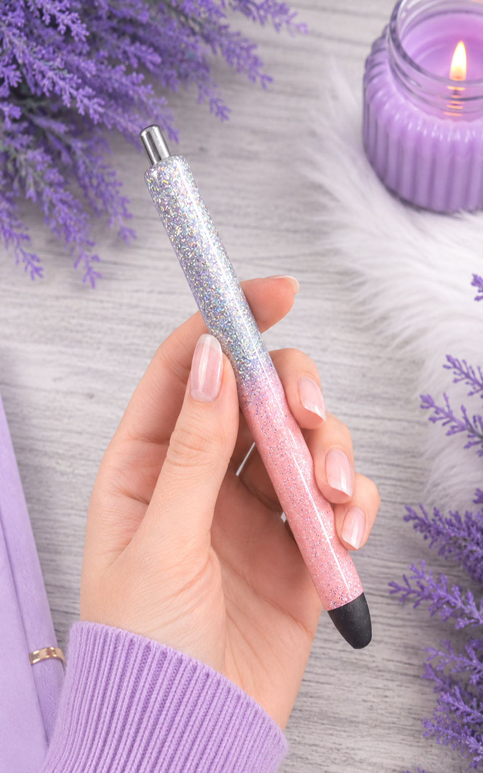 Handmade Silver and light Pink Ombre glitter pen with free refill