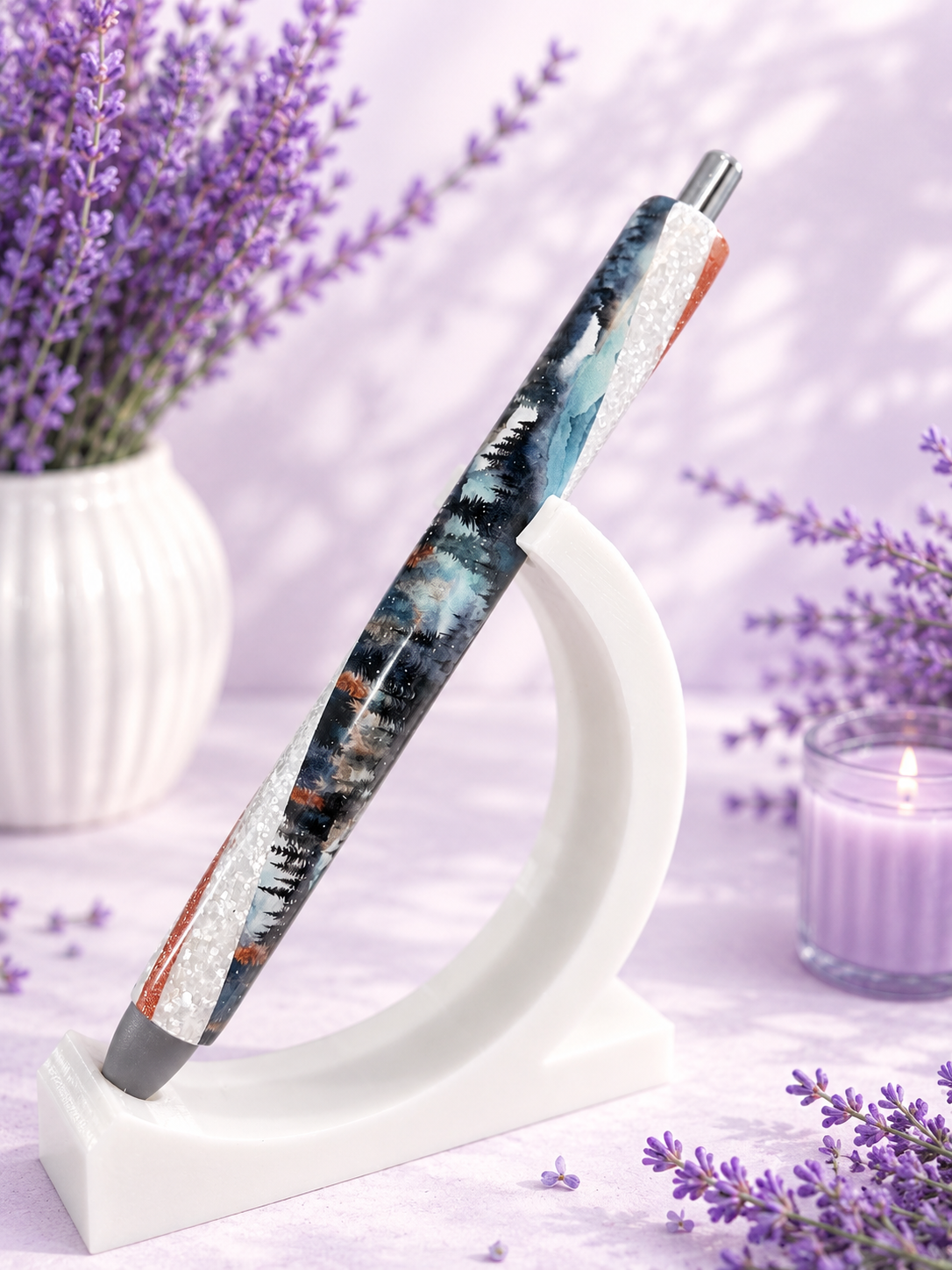 Handmade Twilight Mountain Scape  glitter pen with free refill