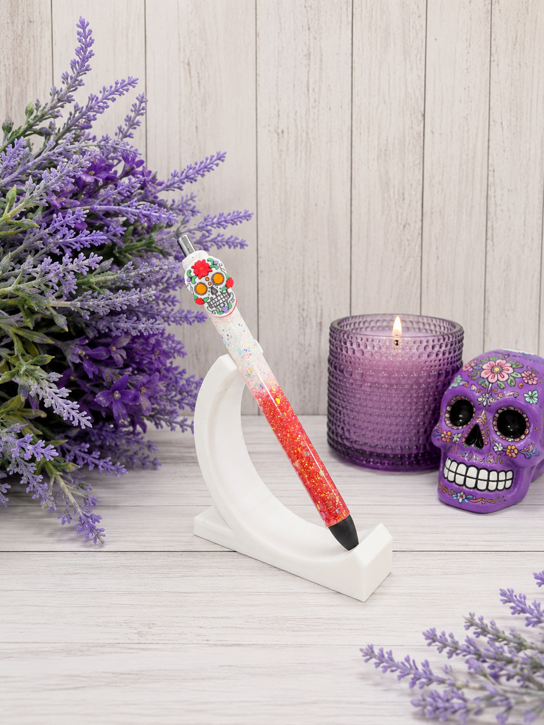 Handmade Halloween Sugar Skill on orange and white glitter pen  with free refill