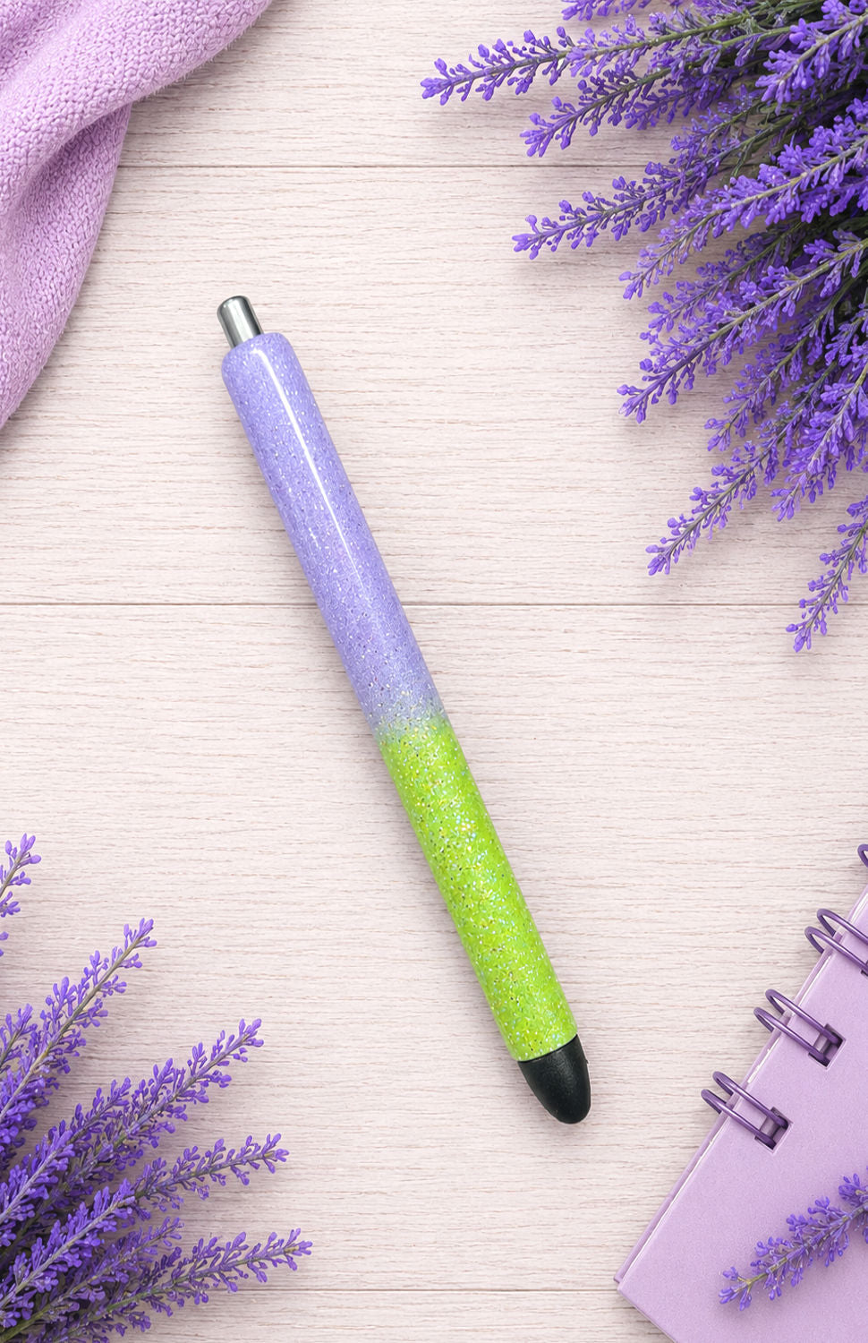 Handmade Lavender and Bright Green ombre glitter pen with free refill