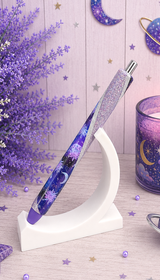 Handmade Moons and Stars  on purple glitter pen with free refill