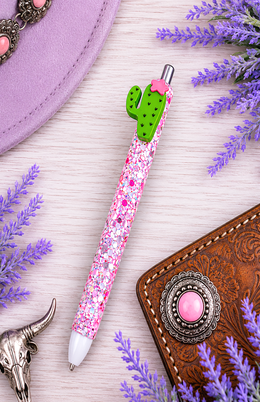 Handmade Cactus on chunky pink glitter pen with free refill