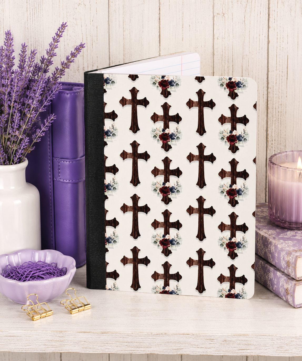 Decorative Vinyl Covered Composition Notebook Crosses Dark Wood