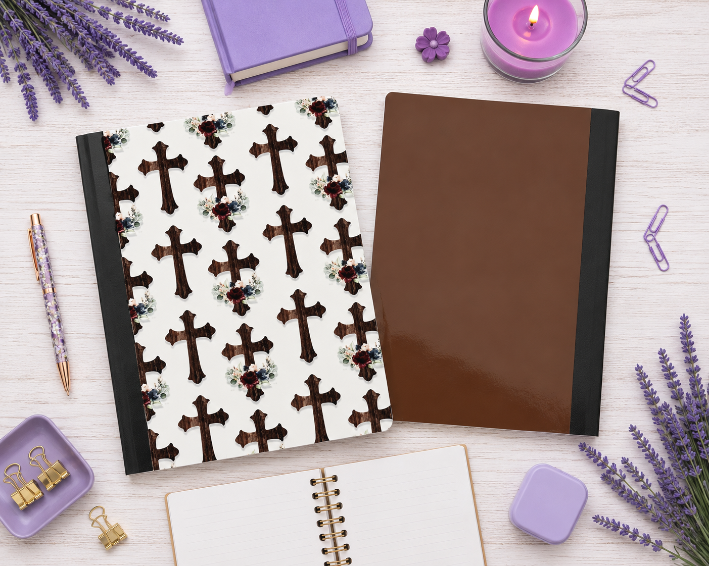 Decorative Vinyl Covered Composition Notebook Crosses Dark Wood