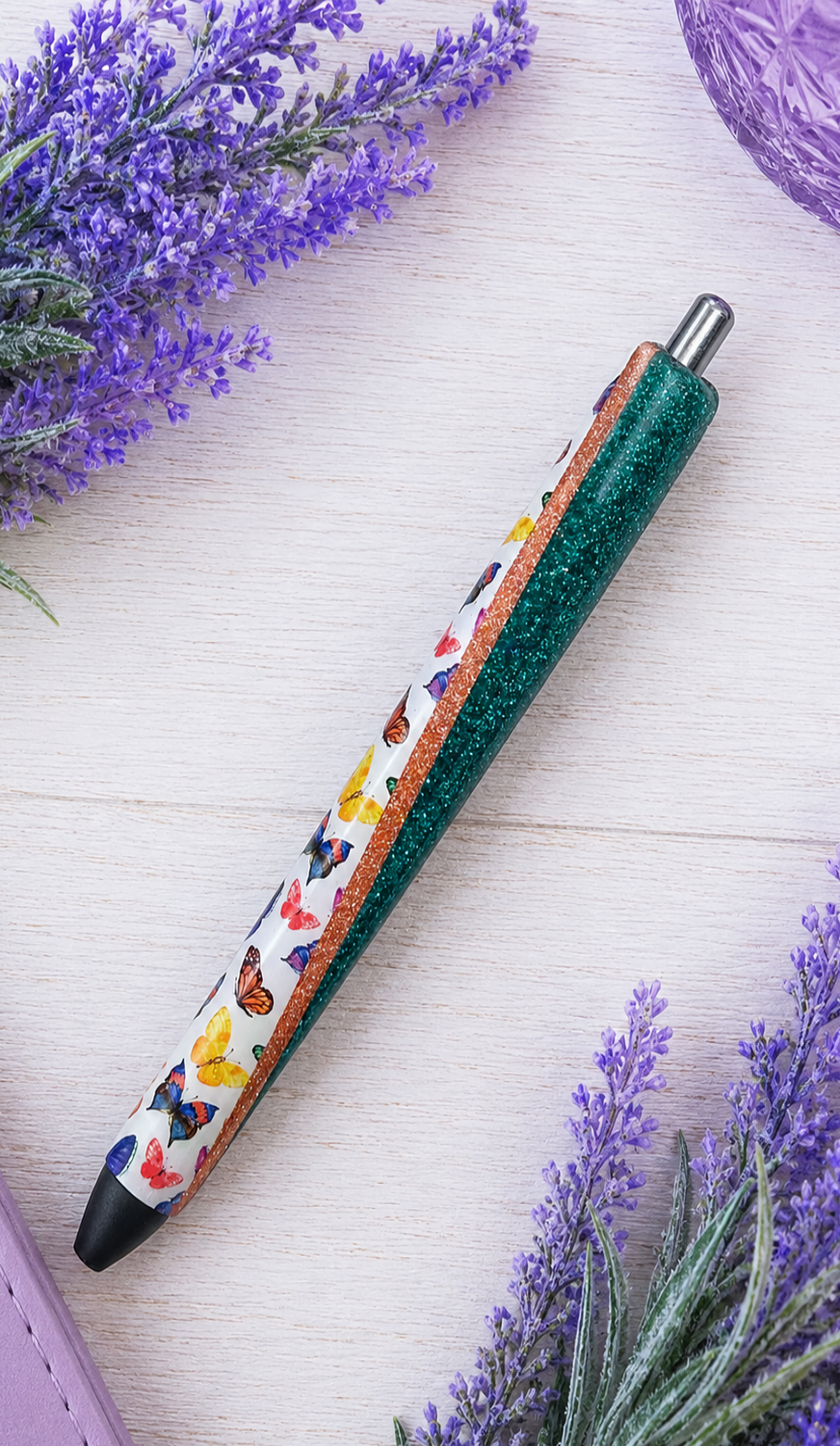 Handmade Multi Color Butterflies on dark aqua glitter pen with free refill