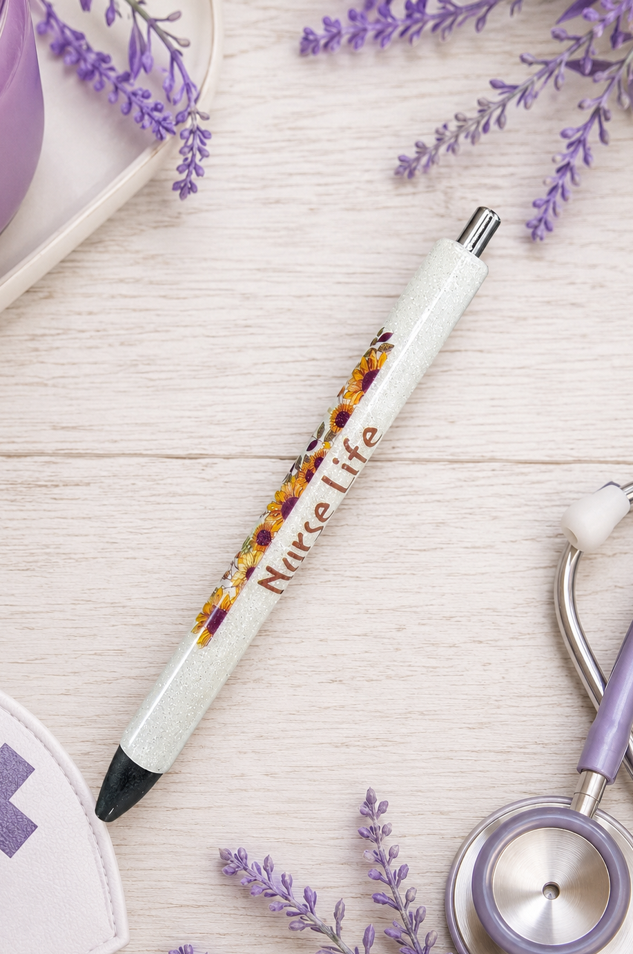 Handmade Nurse Life Sunflowers glitter pen with free refill