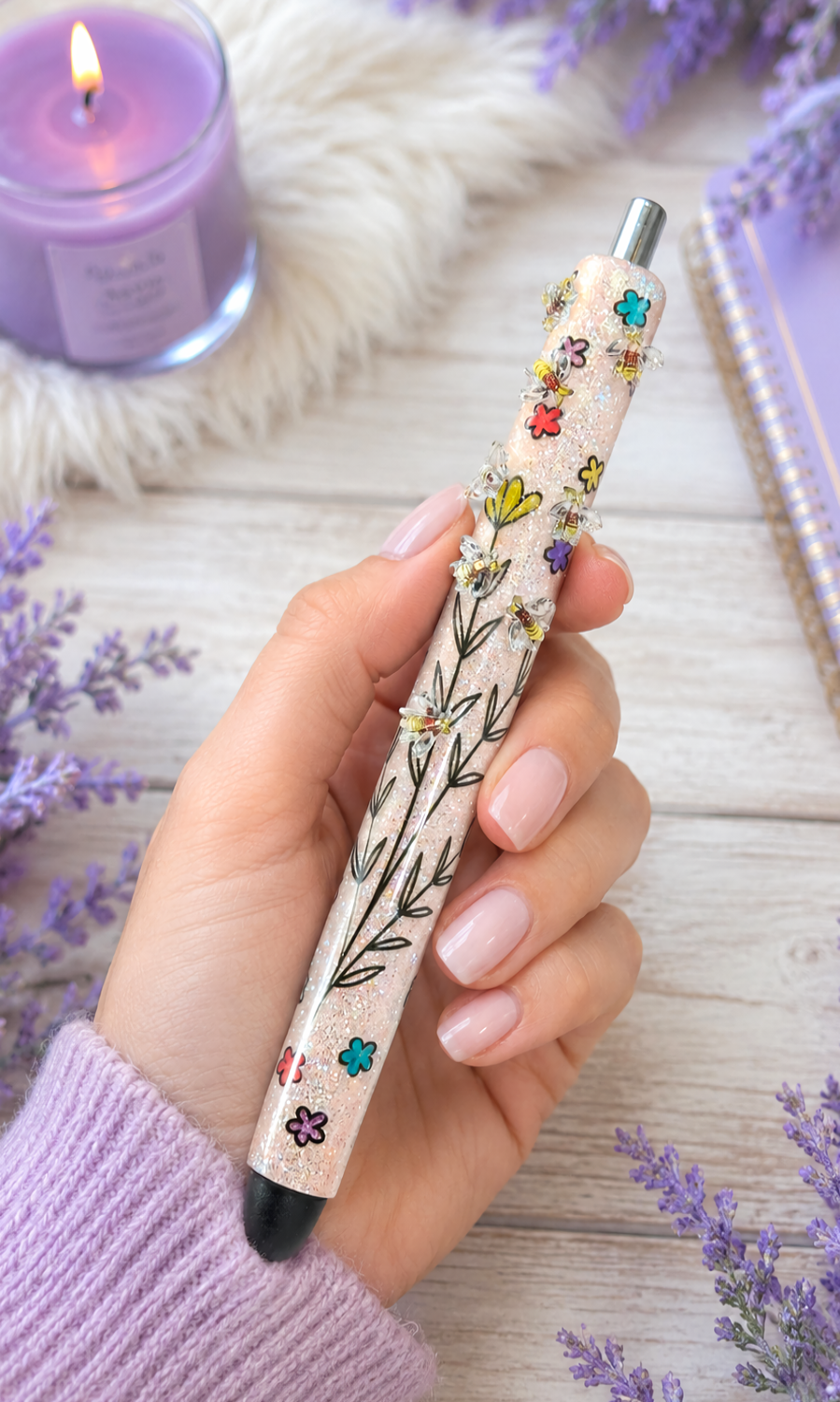 Handmade Mini Bumblebees on Peach glitter pen with free refill