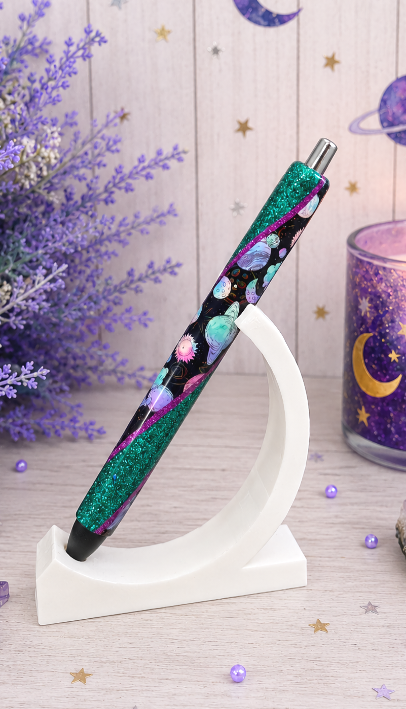 Handmade Galaxy on dark aqua glitter pen with free refill