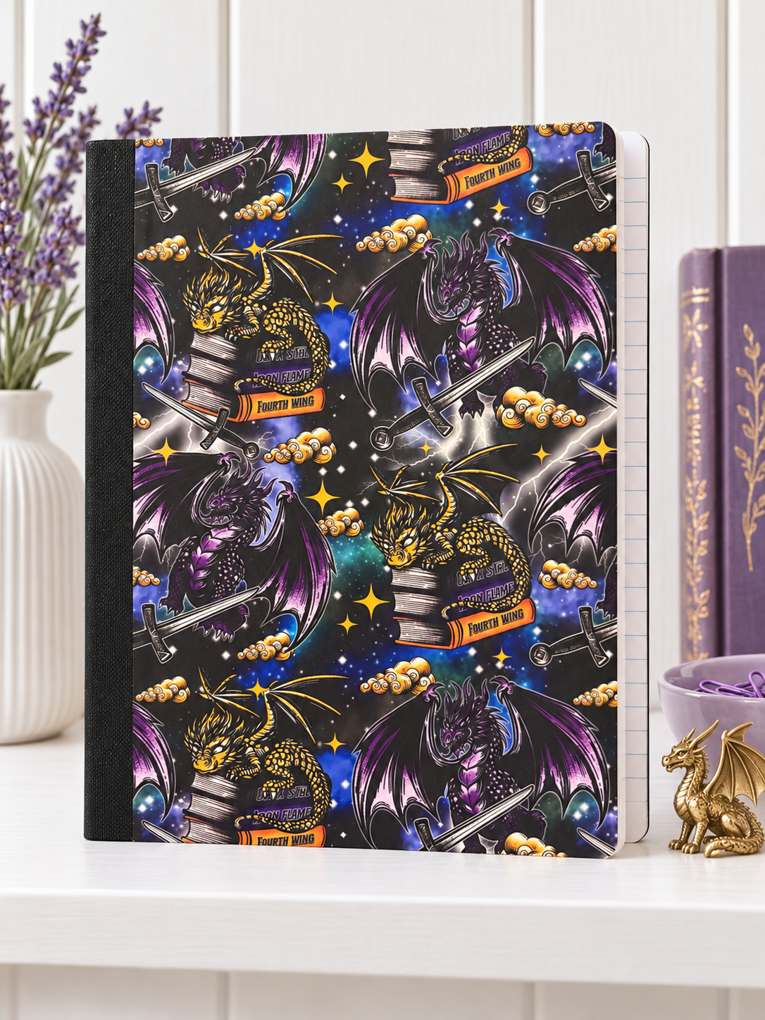 Decorative Vinyl Covered Composition Notebook Dragons and Books