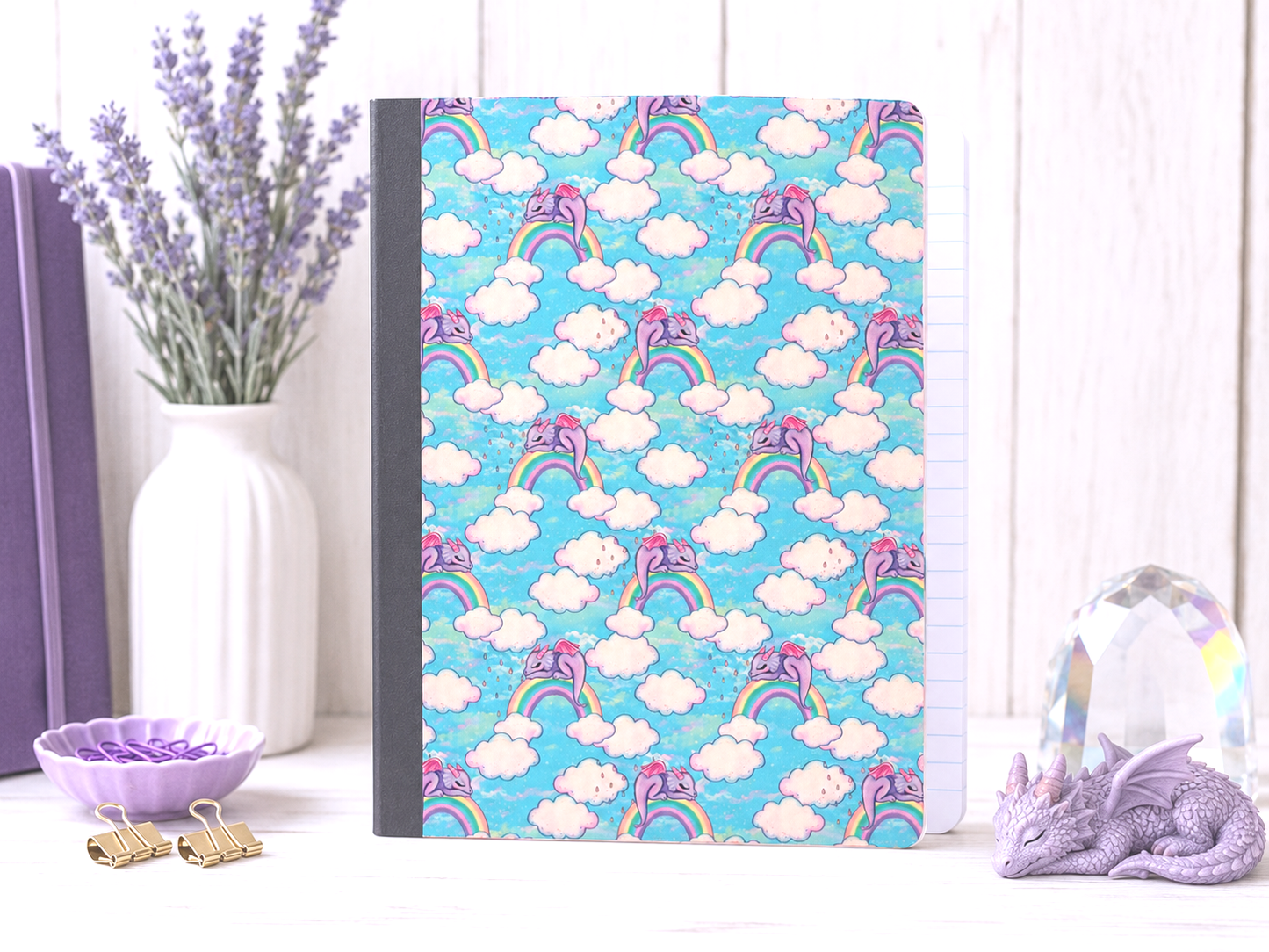 Decorative Vinyl Covered Composition Notebook Dragons and Rainbows