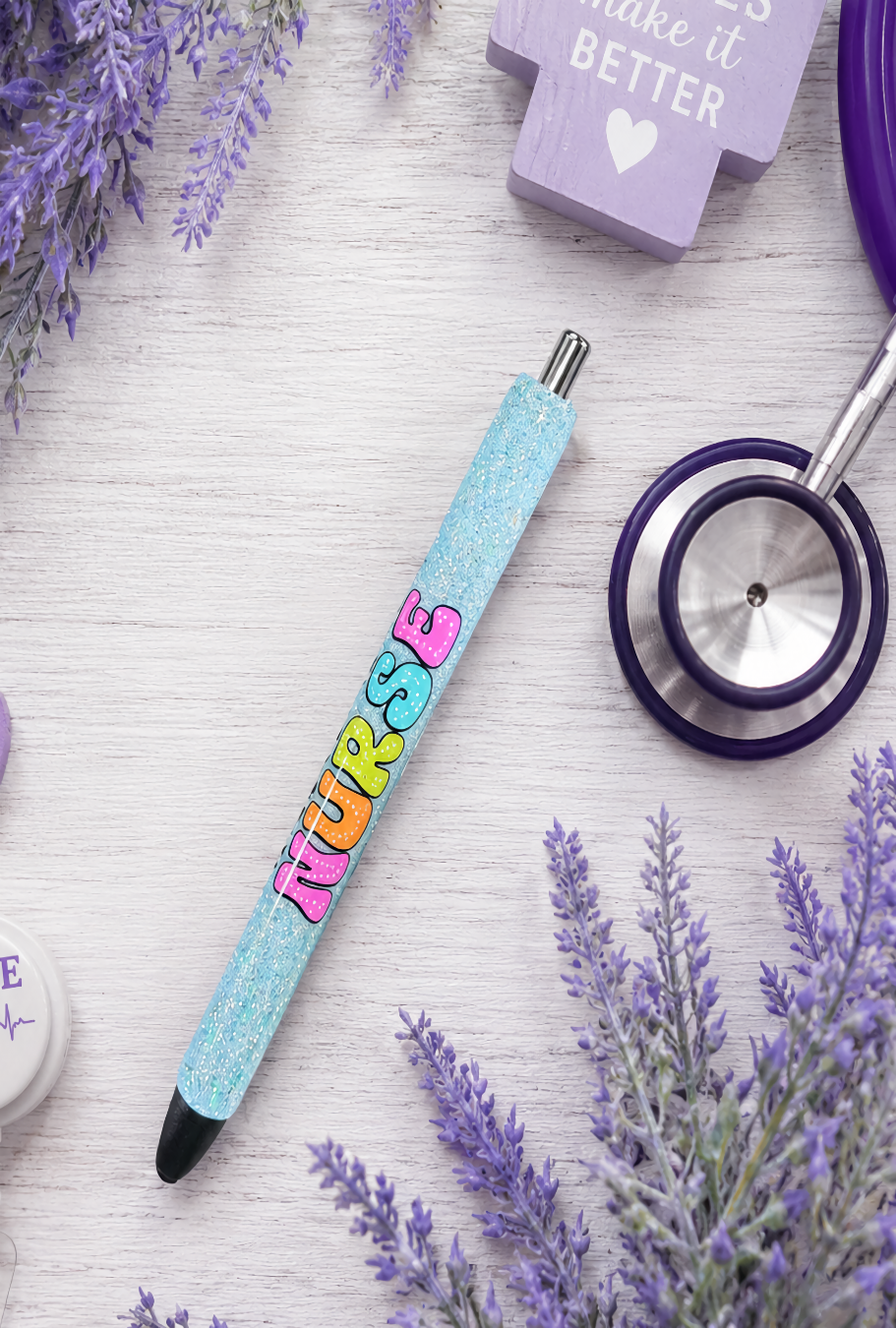 Handmade Nurse on blue glitter pen with free refill