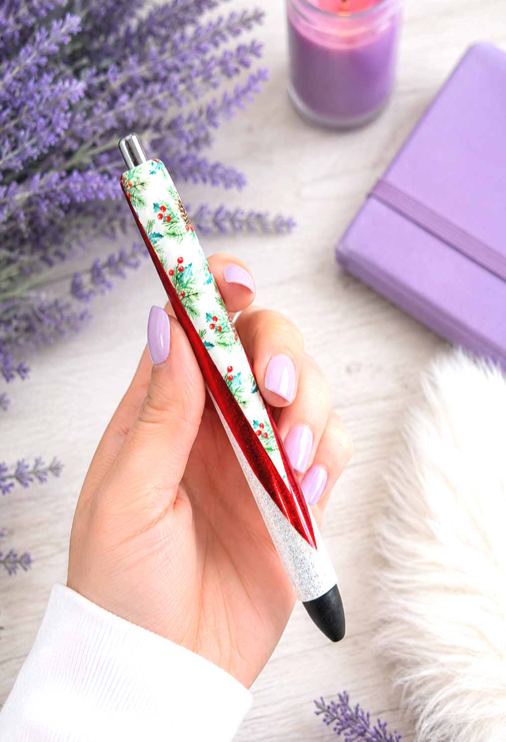 Handmade Winter Christmas Holly glitter pen with free refill