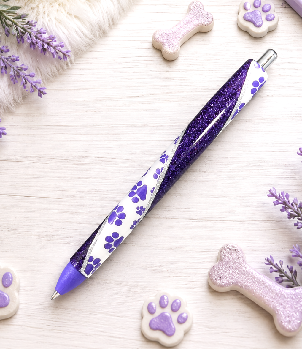 Handmade Dog Paws on Purple glitter pen with free refill