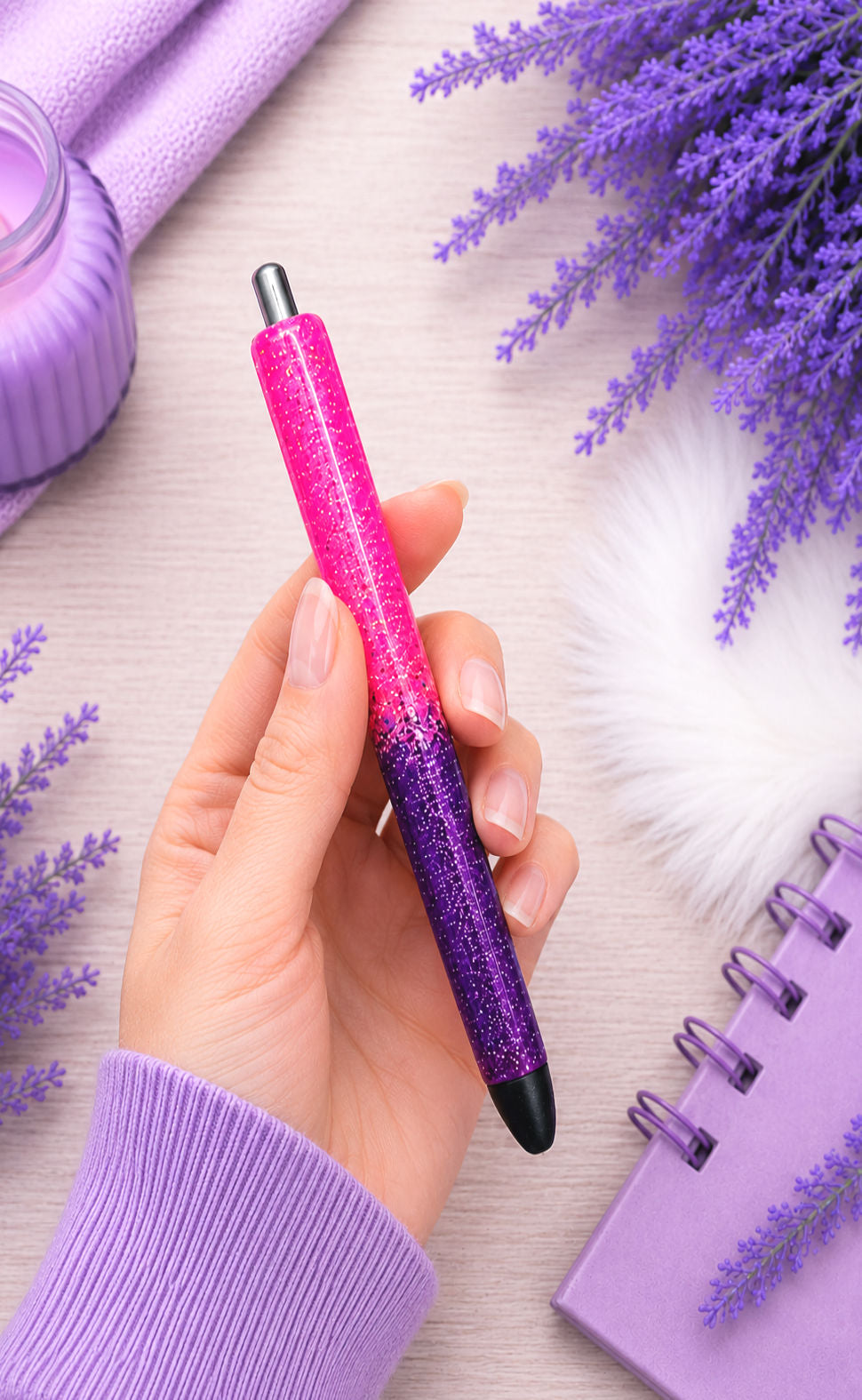 Handmade Pink and Purple ombre glitter pen with free refill