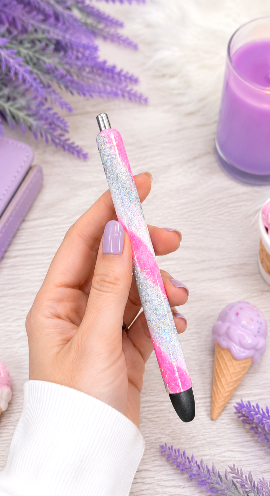 Handmade Silver White and Pink Swirl ombre glitter pen with free refill