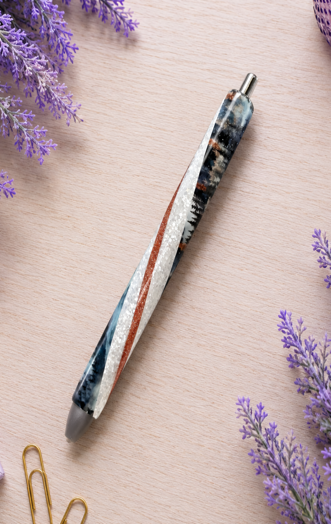 Handmade Twilight Mountain Scape  glitter pen with free refill