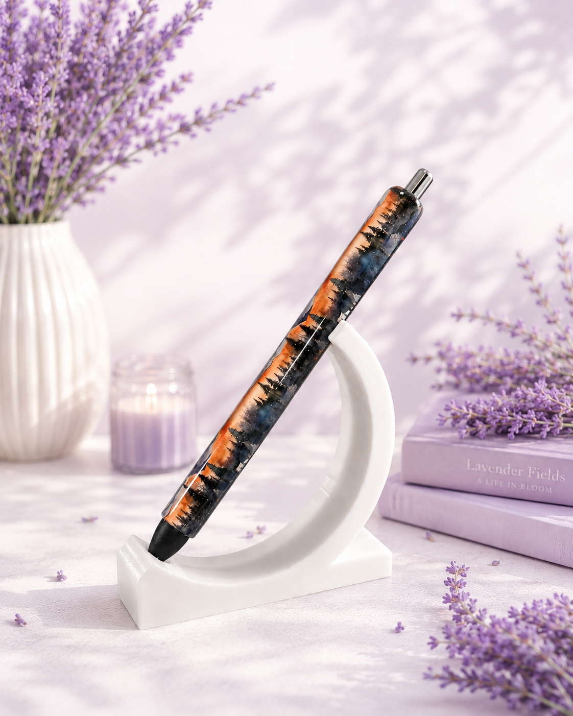 Handmade Twilight Mountain Scape on orange glitter pen with free refill