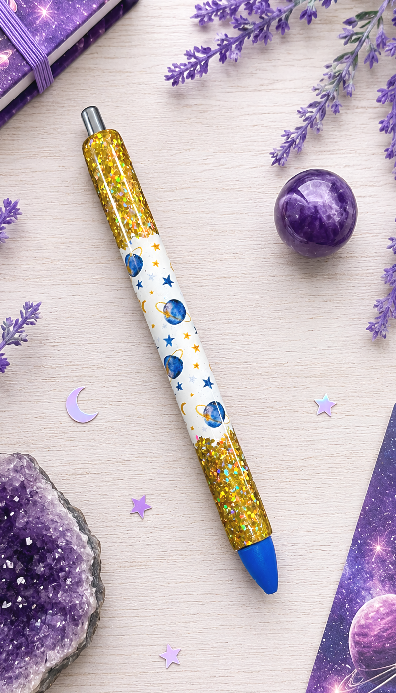 Handmade Planets and Space with gold glitter pen with free refill