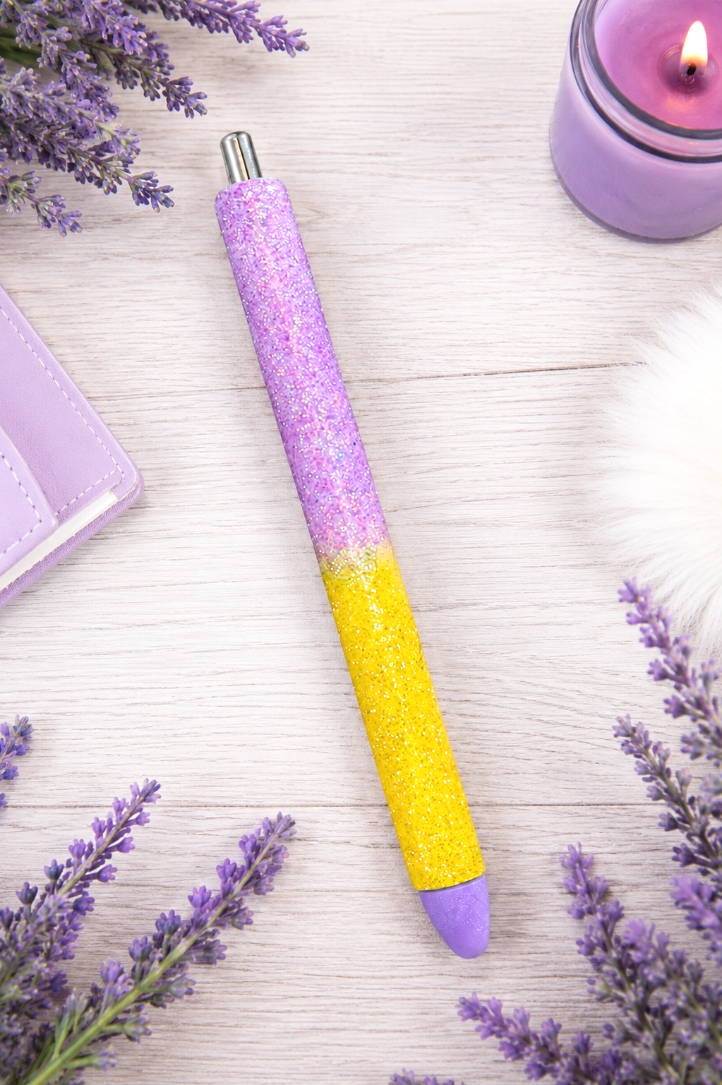 Handmade Yellow and Lavender ombre glitter pen with free refill