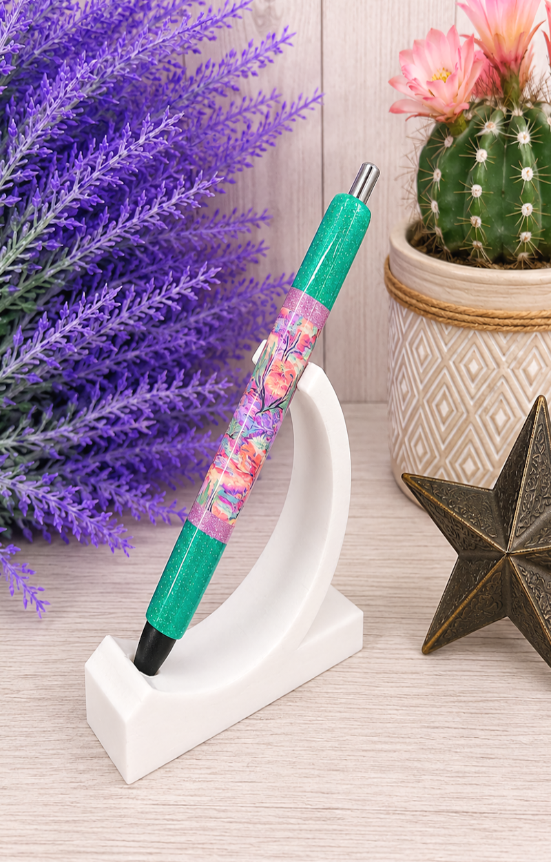 Handmade Vibrant Desert Scene on aqua glitter pen with free refill