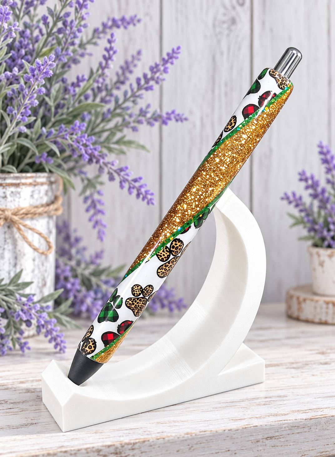 Handmade Christmas Paw Prints on gold glitter pen with free refill