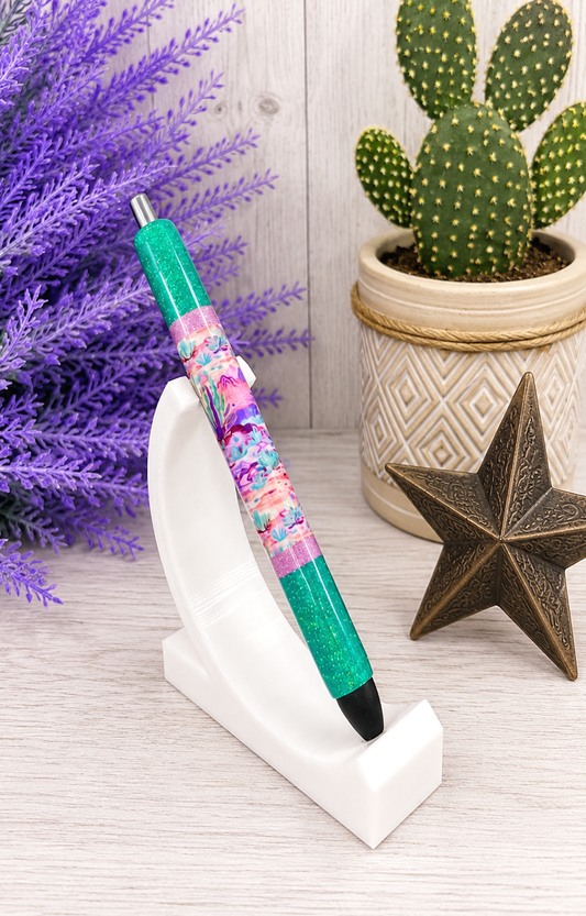 Handmade Vibrant Desert Scene on aqua glitter pen with free refill