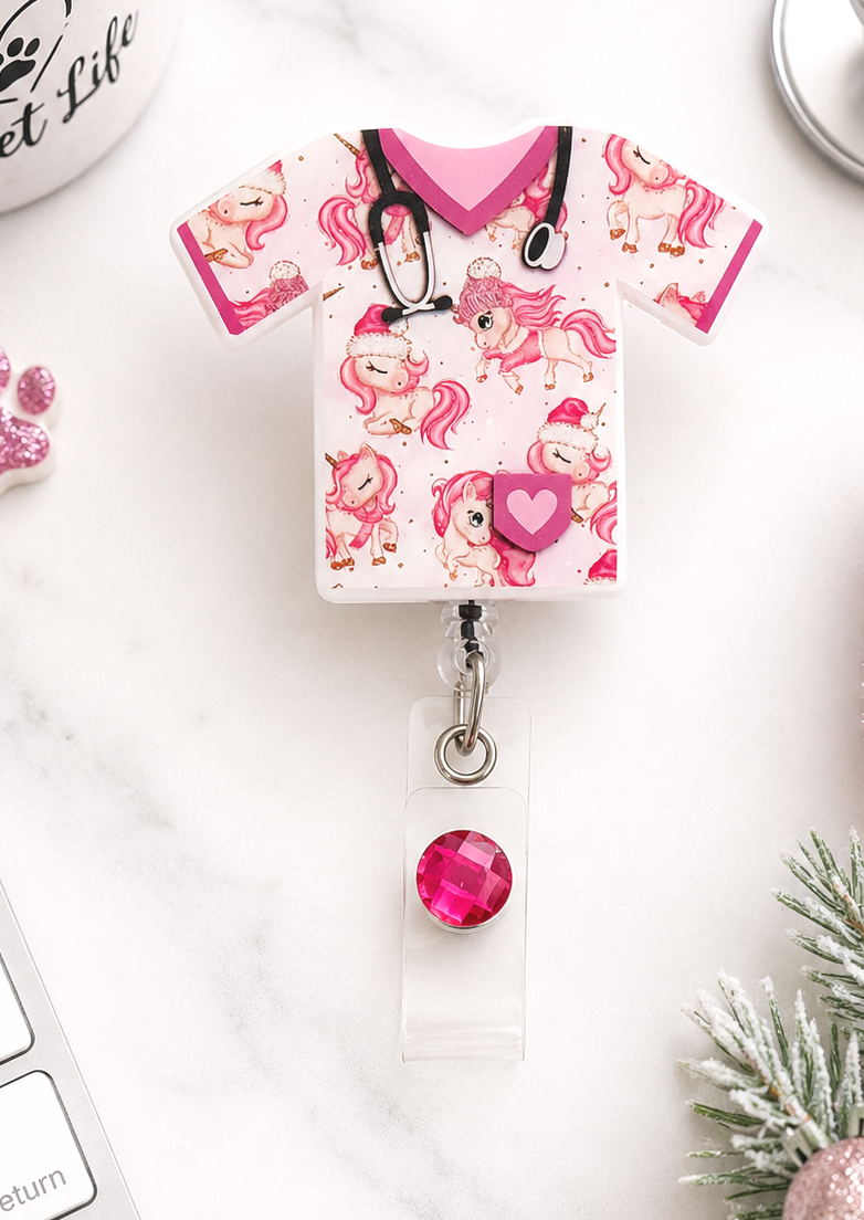 Handmade Christmas Unicorns Scrub Top Badge Reel