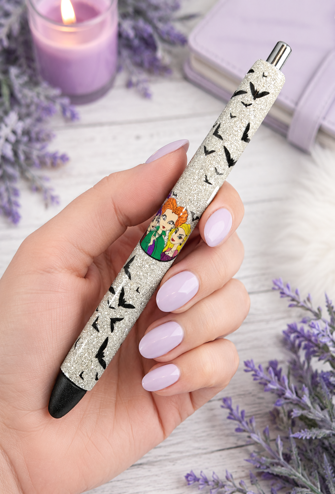 Handmade Hocus Pocus on platinum glitter pen with free refill
