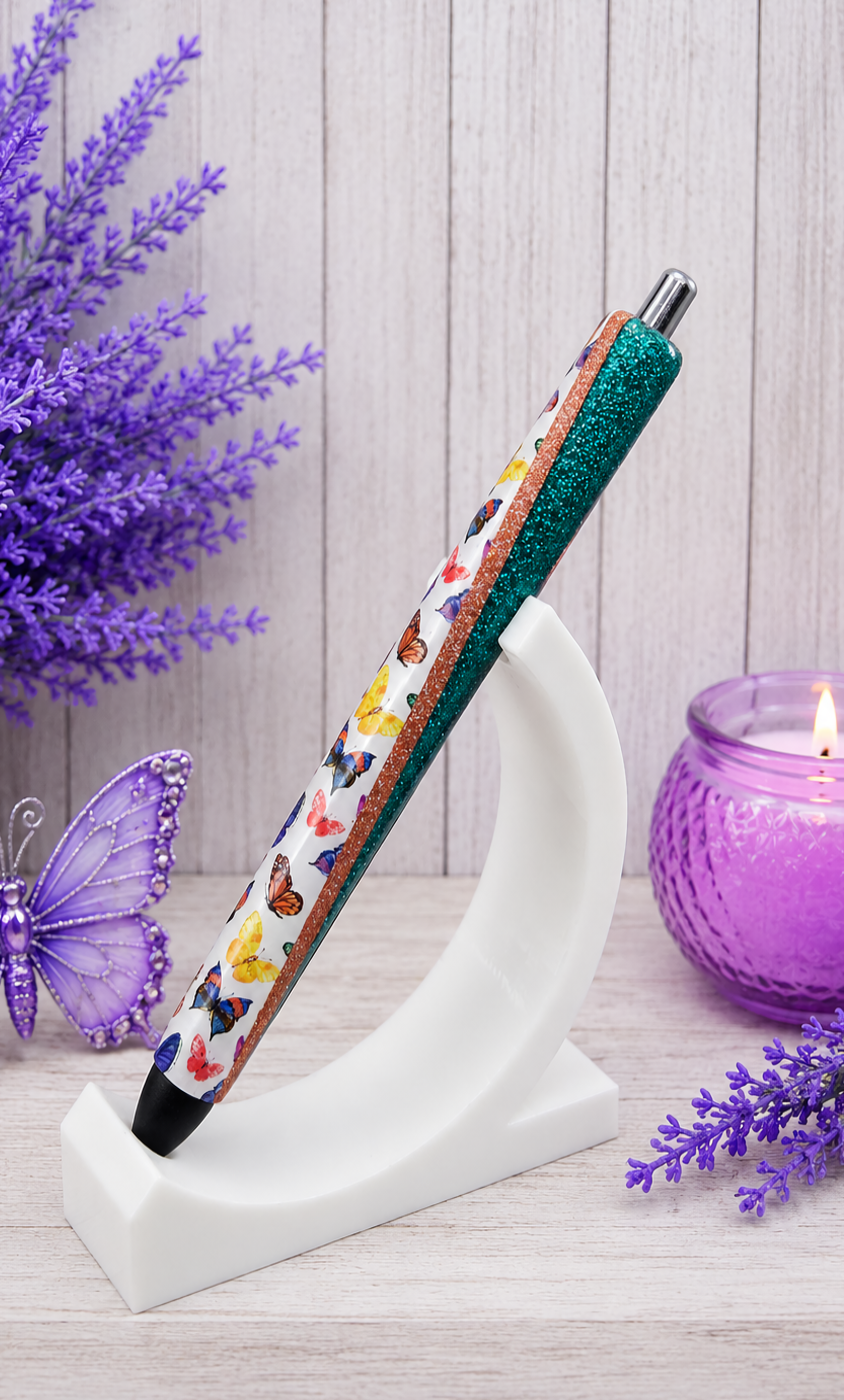 Handmade Multi Color Butterflies on dark aqua glitter pen with free refill