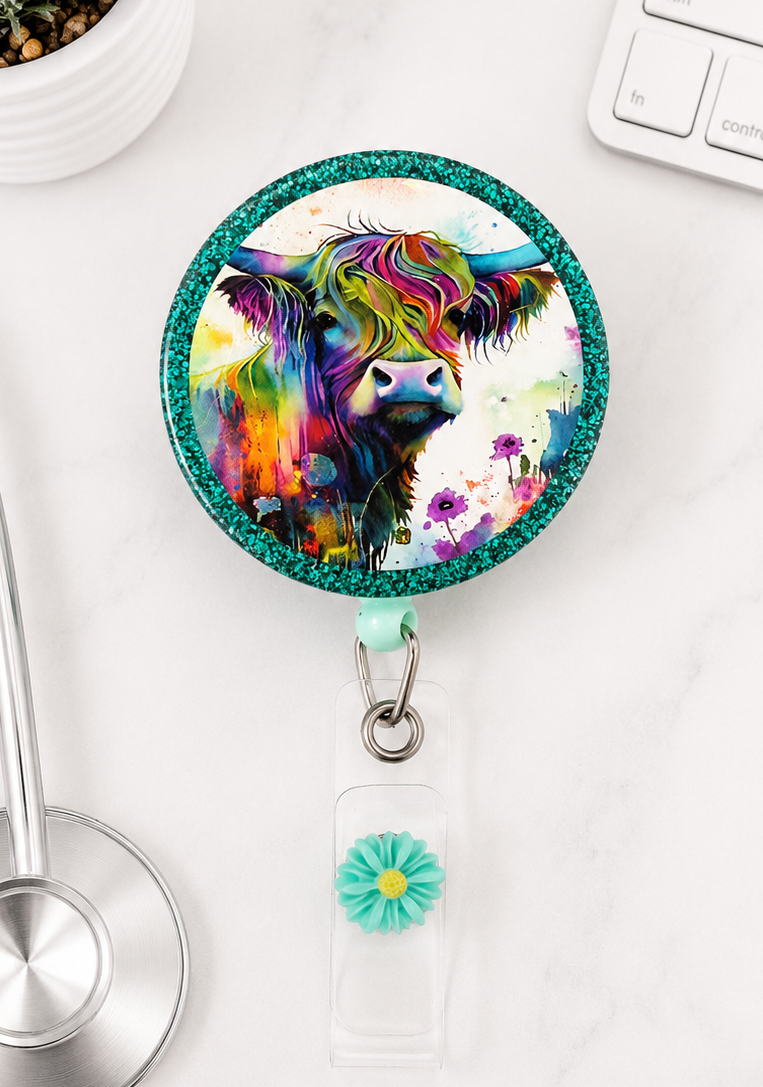 Handmade Watercolor Cow Badge Reel