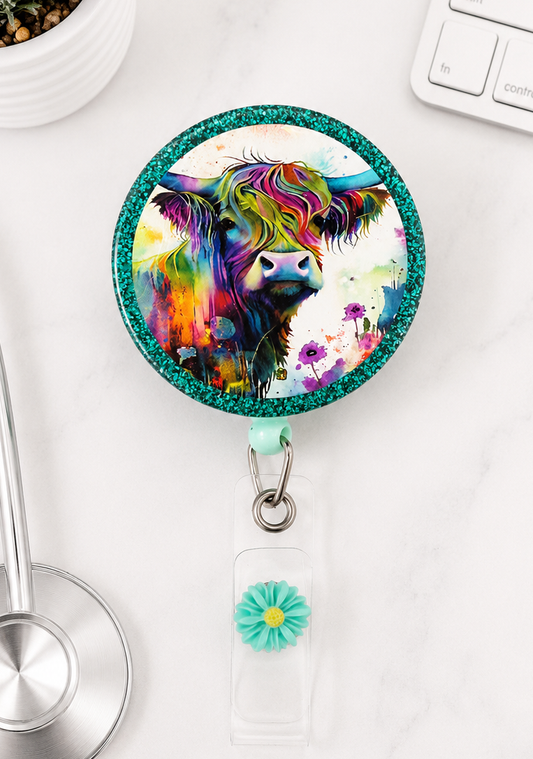 Handmade Watercolor Cow Badge Reel