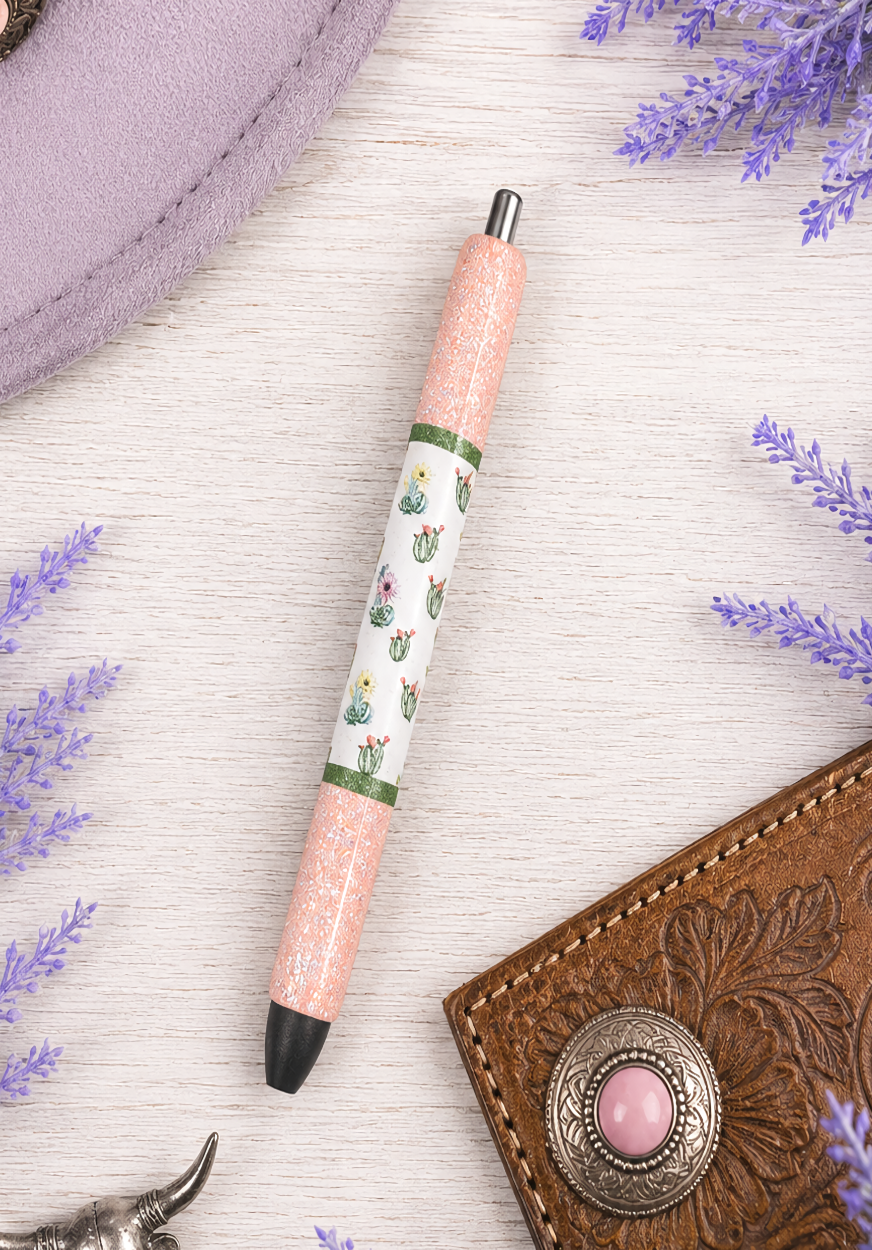 Handmade Blooming Watercolor Cactus on peach glitter pen with free refill