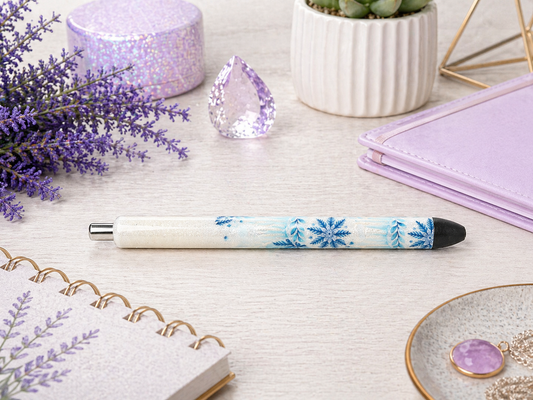 Handmade Blue Winter Foliage glitter pen with free refill