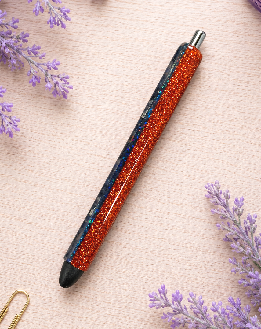 Handmade Twilight Mountain Scape on orange glitter pen with free refill