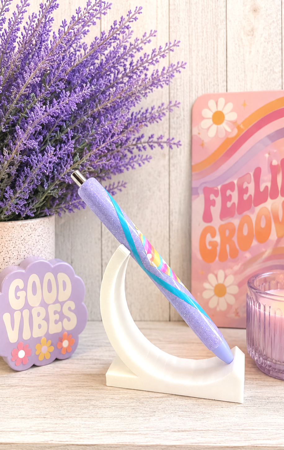 Handmade Retro Smiley Faces on Purple glitter pen with free refill
