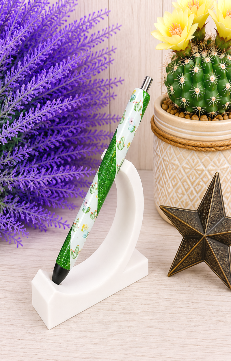 Handmade Blooming Watercolor Cactus on green glitter pen with free refill