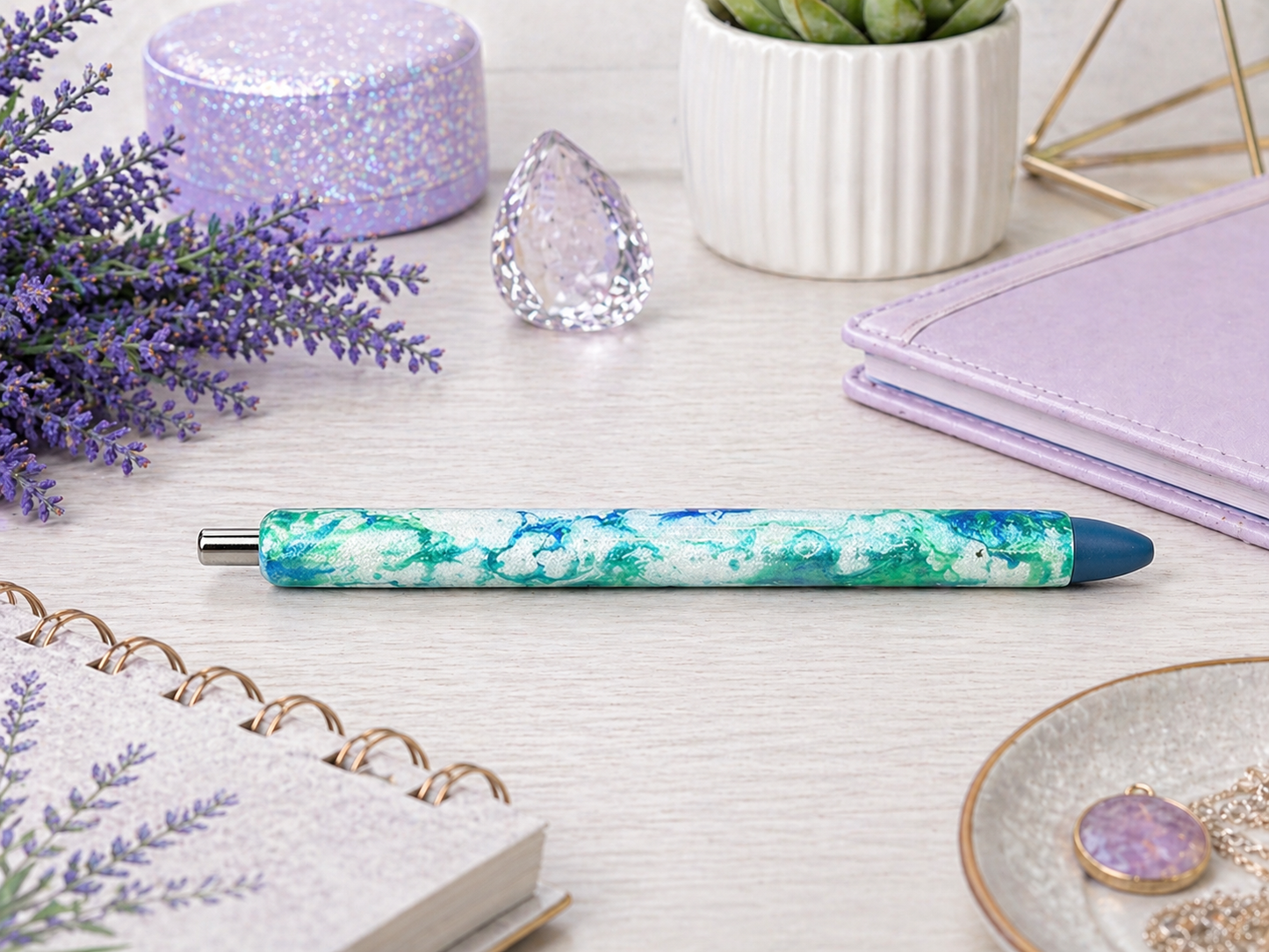 Handmade Aqua and Navy Blue marble glitter pen with free refill