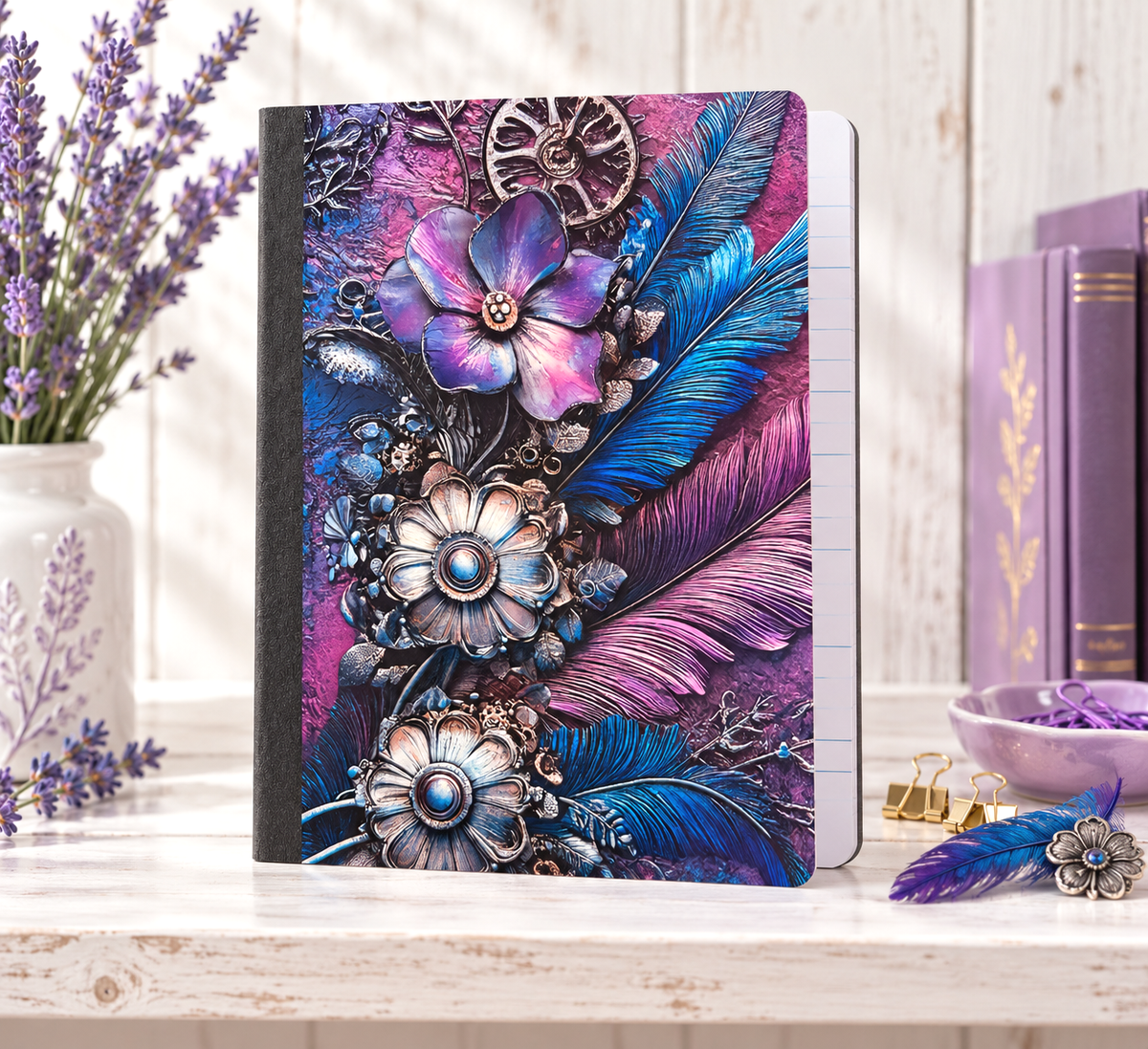 Decorative Vinyl Covered Composition Notebook Jeweled Feathers